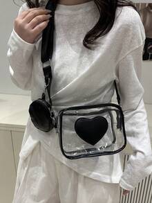 2件套透明包包套装，含零钱包，防水PVC迷你方包，多功能大容量斜挎包，2026夏季款 - 黑色 - 查看 5