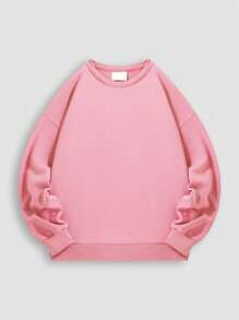 女士Curve oversize純色圓領運動衫，粉紅色印花設計，休閒風格，寬鬆剪裁，柔軟舒適，適合春秋季節，日常穿搭必備，海灘造型優選，獨特藝術圖案，棉質女士上衣，春夏裝假期度假，適合戶外運動服裝，秋冬季居家 日常休閒女裝，情侶款