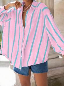 大码宽松开衫衬衫，优雅休闲通勤时尚外套，春季新款 - 粉紅蘭 - 查看 4