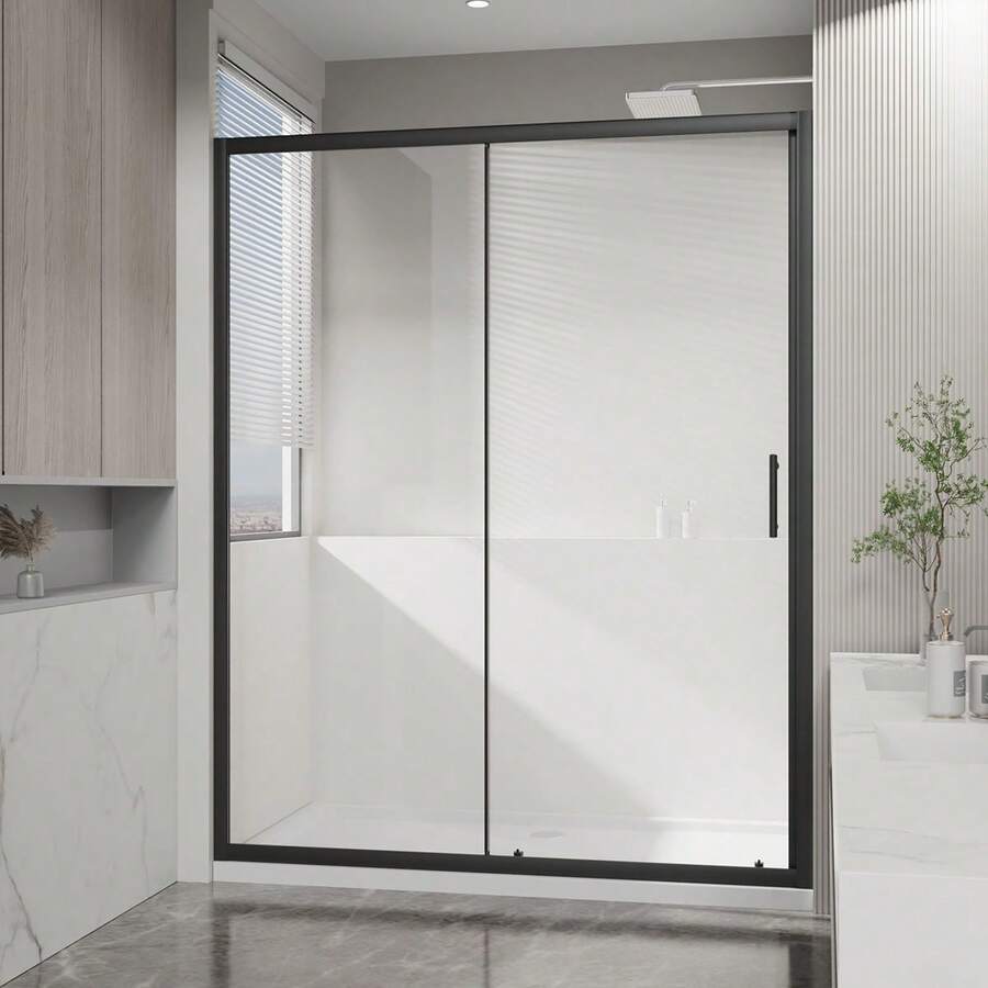 Bathroom Shower Door, Sliding Glass Shower Door,  1/5 Inch Shower Screen, Shower Panel With Stainless Steel Handle, 60 X 72Inch, Black