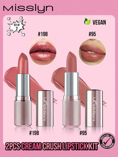 Misslyn 2pcs Creamy Lipstick Set. Creamy Lipstick, Smooth And Non-Sticky Moisturizing Lipstick, Smooth And Moisturizing Satin Lipstick, High Gloss, High Color Payoff, Layerable, Nude Color, Y2K Makeup, Party, Beach, Travel, Vacation, Camping, Outdoor, Rose, Fashion, Girl, New Year, Cosmetics, Cosplay, Best Travel, Holiday, Color, Fashion, Campus, School, Charm, Atmosphere, Chinese New Year, Valentine's Day Gift, Vegan, Cruelty-Free