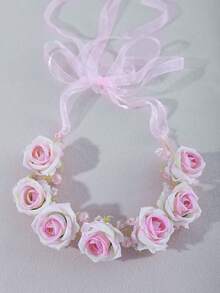 1pc Artificial Flower Colorful Faux Pearl Decorated Cute Floral Headband, Suitable For Wedding, Daily Wear, Travel And Other Occasions Hair Accessory - Pink - View 4