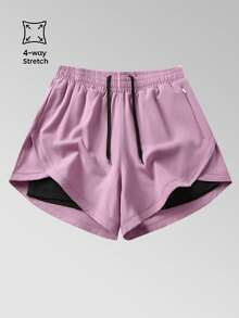 1 quần short nữ có quần lót bên trong, quần thể thao trơn 2 trong 1, bộ đồ 2 mảnh co giãn, thích hợp để chạy bộ, thể thao, yoga, tập thể dục vào mùa hè - Màu tím hoa cà - Xem 1