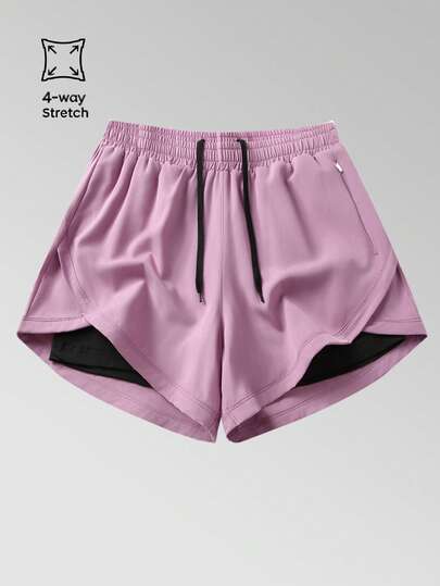 1pc Women's Shorts With Built-In Undershorts, 2-In-1 Solid Activewear Pants, Elastic 2 Pieces Suit, Suitable For Running, Sports, Yoga, Fitness In Summer