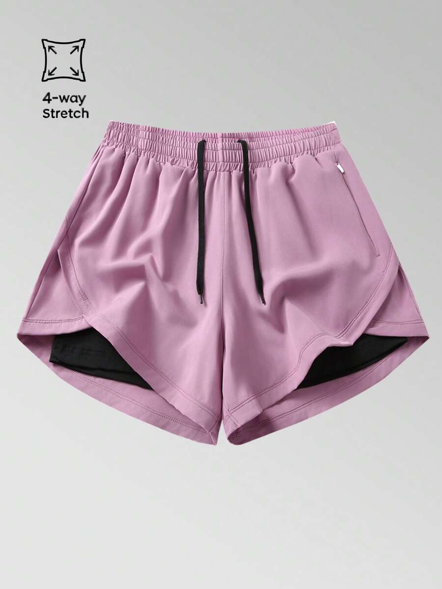 1 quần short nữ có quần lót bên trong, quần thể thao trơn 2 trong 1, bộ đồ 2 mảnh co giãn, thích hợp để chạy bộ, thể thao, yoga, tập thể dục vào mùa hè - Màu tím hoa cà - Xem 1