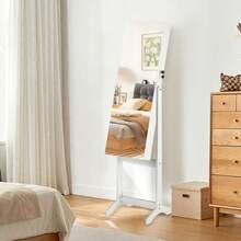 LILIIN Mobiletto portagioie e specchio 2 in 1, con specchio da appoggio, ripiano regolabile per gioielli, 152 x 39,5 x 36,5 cm, con serratura, specchio a figura intera, bianco/nero