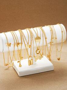 11pcs/12pcs Set Elegant Vintage Minimalist Star, Moon, Golden Heart, Bowknot Necklaces For Women, Suitable For Holidays, Parties, Dates, Daily Wear, And As Gifts - 金黃色 - 查看 2