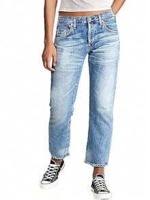 Women's Casual Washed Low Waist Straight Leg Jeans, Autumn - Navy Blue - View 1