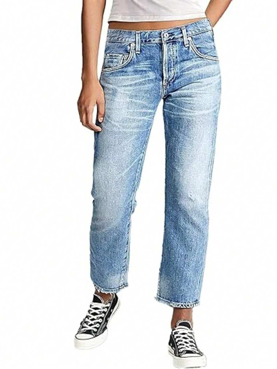 Women's Casual Washed Low Waist Straight Leg Jeans, Autumn - Navy Blue - View 1