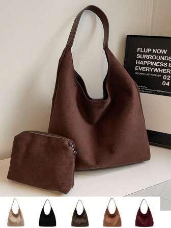 Suede Bags For Women Brown Suede Bag Suede Hobo Bag Retro Suede Slouchy Bag Suede Shoulder Bag Slouchy Hobo Bags Suede Tote Bag - Women's Shoulder Bag With Suede Tote Option Suede Bags For Women - Brown Suede Tote And Shoulder Bag With Zipper Purse, Newest Fashionable Suede Bag For Women Fall Clothes For Women, New Fall Fashion 2025 For Women