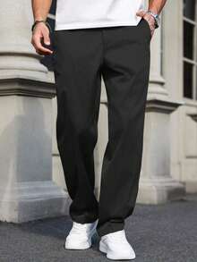 1 件青少年男童休闲宽松户外运动健身纯色直筒长裤，春/秋/冬 - 黑色 - 查看 3