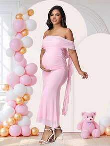 孕妇优雅露肩荷叶边连衣裙，适合婴儿派对和夏季穿着 - 淺粉色 - 查看 6