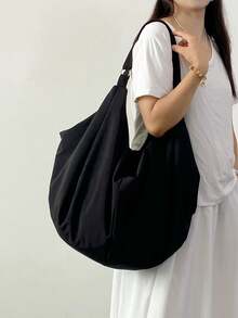 Túi đeo vai họa tiết màu trơn dung tích lớn, túi xách đeo chéo thường ngày cho nữ, túi tote bằng nylon, ba lô mua sắm đa năng có thể tái sử dụng thích hợp cho công việc, học tập, du lịch - màu đen - Xem 8
