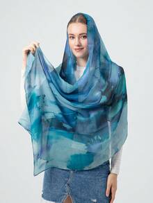 1 buc Eșarfă pentru femei, stil boem, cu imprimeu satinat în acuarelă, șal multicolor cu protecție solară, eșarfă elegantă și versatilă, potrivită pentru asortare zilnică