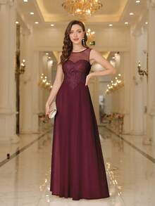 Babyonlinedress Guipure Lace Insert Pearls Beaded Chiffon A-Line Prom Bridesmaid Dresses,Formal Wedding Guest Gown, For Graduation, Homecoming,Dinner - 酒紅色 - 查看 5