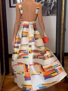 Valentine's Day, Date Night Outfit, Gifts For Her Magic Mia Elegant Boho Geometric Printed Maxi Dress - Boat Neck Sleeveless High Waist Sundress W/  Backless & A-Line Flared| Beach Vacation Formal & Evening Dress  For Women - Multicolor - View 4