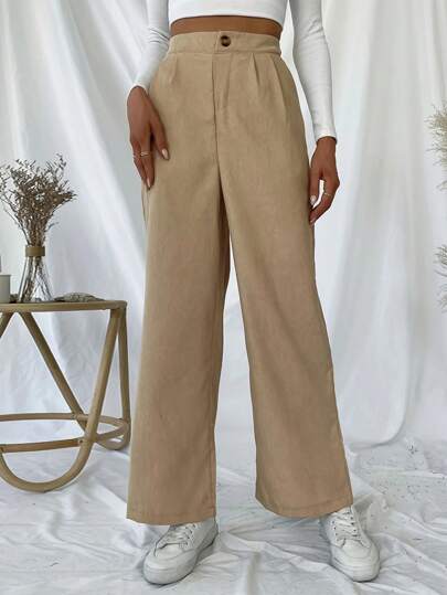 Pantalones anchos de botones de unicolor versátiles y casuales para mujer