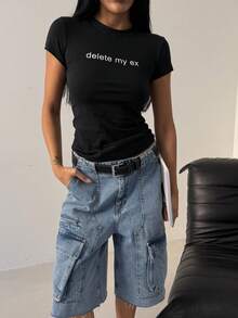 黑色时尚“删除我的前任”标语舒适休闲性感女孩修身T恤 - 黑色 - 查看 3