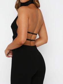 Women Halter Neck Satin Tank Tops Open Back Crop Tops High Mock Neck Cami Summer Going Out Cami Tops - 黑色 - 查看 3