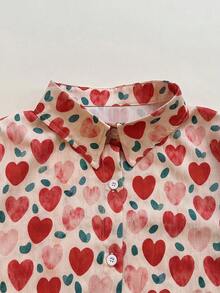 Women's Heart & Strawberry Print Button-Down Long Sleeve Shirt, Casual And Lovely For Outings - Multicolor - View 8