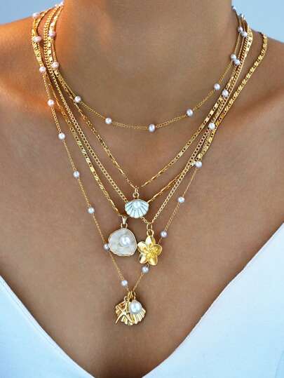 3/5pcs Elegant Seashell, Starfish, Flower & Faux Pearl Necklace Set For Women, Versatile For Beach, Date, Party, Gift, Daily Wear