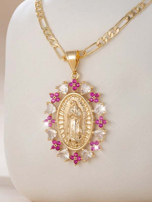 1 Fashionable And Simple Pendant Necklace Of And Our Lady Of Guadalupe, Set With Artificial Zirconia And Copper 14K Gold-Plated, Suitable For Gift Giving, Couples, Friends, Daily Wear, And Holiday Prayers