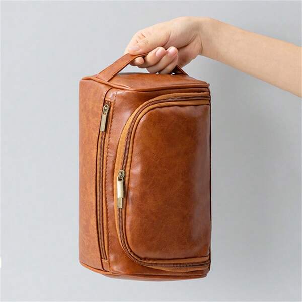 1 Pc Solid Color PU Leather Makeup Bag Travel Large Unisex Portable Cosmetic Storage Bag With Hanging Hook Handheld Makeup Bag Portable Toiletry Washing Bag