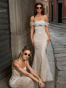 Faeriesty Rochie de seară luxoasă, model sirenă, cu paiete și mărgele, cu umeri goi, model complex de mărgele care se încadrează de la corsaj la rochie, detaliu cu șireturi la spate | Design formal luxos, glamuros | Perfectă pentru nunți, gale, baluri de absolvire și petreceri de seară de lux - Șampanie - Vizualizare 10