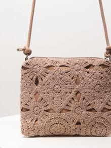 花卉镂空钩针编织斜挎包、沙滩包、度假包、钩针套装、度假必需品、旅行必备品、可调节肩带（图案随机） - 駝色 - 查看 4