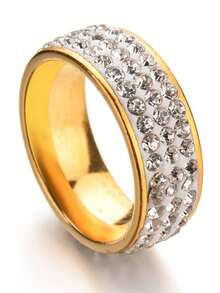 1 件永久不褪色格子水钻金色不锈钢戒指，情侣首饰，男友生日礼物