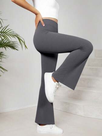 Girls' Solid Color Knitted High Waist Elastic Flared Pants, Casual Sports Yoga, Suitable For Daily Wear, Back To School (YY355)