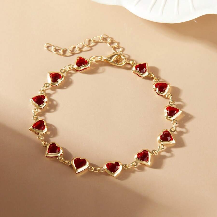 Graceful Gold Red Heart Charm Women Bracelet - Adjustable, Versatile Accessory With Shiny Gemstones, Suitable For Casual To Formal Occasions, Wedding Bracelet | Fashion Women's Bracelet | Gemstone Embellished, Cute Bracelet - [紅色的] - 查看 1