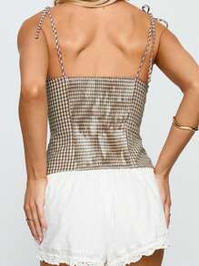 Women Plaid Camisole Slim Lace Trim Scoop Neck Tie-Up Spaghetti Strap Crop Shirts  Summer Streetwear