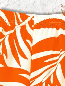 女童夏季两件套，荷叶边袖上衣和印花喇叭裤，时尚假日风 - 橘色 - 查看 6