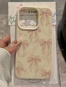 Bow-Knot 1pc White Leather Texture Minimalist Pink Bow Design Phone Case, Compatible With Iphone 16 Pro Max, 15/14 Plus, 13, 12, 11 Protective Cover Waterproof Shockproof Anti-Fall Scratch Resistant - Multicolor - View 2