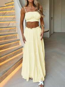 Look Polly Damen Zweiteiler, einfarbiges trägerloses Camisole Top und langer Rock, Frauenkleider Kleidung für Schule, buttergelbe Herbstkleidung für Frauen Kirchenkleid für Frauen Urlaubsstil Konzertoutfits für Frauen Casual, Loungewear-Sets für Frauen Weihnachten Thanksgiving elegantes Frauenset Strandset stilvolle Bekleidungskollektion Neujahrsoutfit