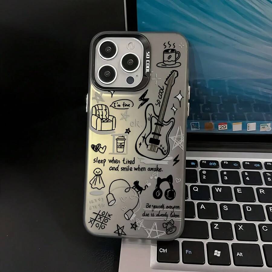 1pc Black Matte IMD Colorful Silver Laser Engraved Guitar Music Letter Graffiti Pattern Phone Case, Personalized Compatible With IPhone 16 Pro Max, 15/14 Plus, 13, 12, 11, Compatible With Samsung Series Waterproof Shockproof Anti-Fall Scratch Resistant,International Version, Not The Domestic Version - Multicolor - View 1