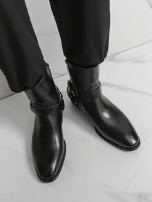 Men's Western Style Side Zipper Motorcycle Boots, Chunky Heel Boots - Black - View 9