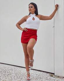 Women's Short Skirt With Lined Belt, Side Slit, High Waist, Short Crepe Knit - Đỏ - Xem 8