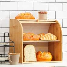 Bamboo Bread Bin With Rolling Shutter Door 2-Layer Bread Storage Box For Kitchen