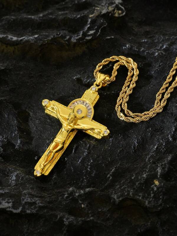 1pc Men's 18K Gold Plated Vintage Religious Style Jesus Cross Pendant Necklace, Large Size Cross Cubic Zirconia Pendant + Jesus Crucifixion Scene, Faith , Suitable For Daily Religious Wear And Casual Outfits