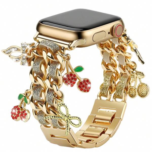 1 Stück süße Diamant-Kirsche Zinkalegierung Gold-Armband kompatibel mit 38mm 40mm 41mm 42mm 44mm 45mm 49mm (S10 42)mm (S10 46)mm, modisches einfaches Metall-Armband für Frauen kompatibel mit Series Ultra 2 S10 SE 9 8 7 SE 6 5 4 3 2 1, modisches Damen-Uhrarmband, Smartwatch Armband/Band, Smartwatch Zubehör