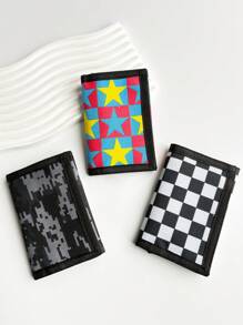 3 Fold Wallet, Cartoon Camo Print, Plaid Mosaic Style, Durable Polyester Material With Zipper Pocket & Key Ring, Suitable For Daily Coin Purse - Multicolor - View 4