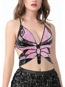 Woms Glitter Sequin Crop Top Low-Cut Top Rave Tube Vest Top Belly Dance Costume Outfits - Đen Hồng Bạc - Xem 3