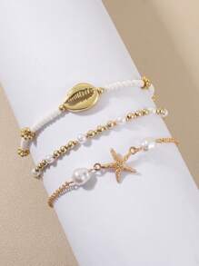 Set di 3 braccialetti pendenti con conchiglia e forma di stella marina, stile bohémien, elegante per uso quotidiano, vacanze estive, feste in spiaggia, regalo ideale per le vacanze (quantità e ordine dei perline random)