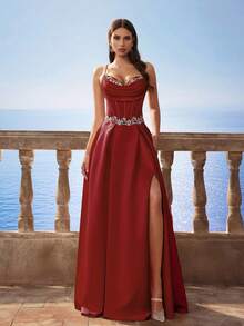 巴洛克风格缎面吊带美人鱼长裙，法式伴娘礼服，返校节礼服，晚礼服，派对礼服 - 酒紅 - 查看 6