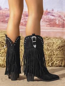 2025 Women's Autumn/Winter New French Style Thick Heel Anti-Slip Fringe Decor Pointed Toe High Heels, Solid Color Elegant Fashion Women Shoes,Western Style,Party - Black - View 5