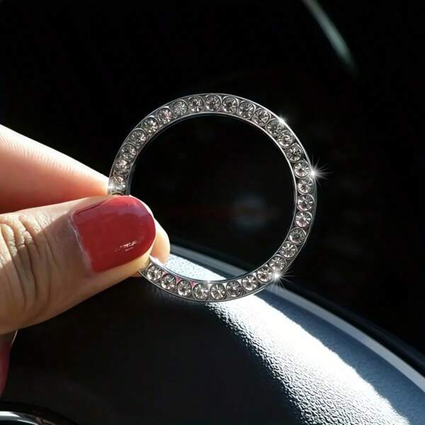 1pc White Crystal One-Touch Start Button Decorative Ring, Diamond Embedded Crystal Ignition Ring, Car Interior Decor