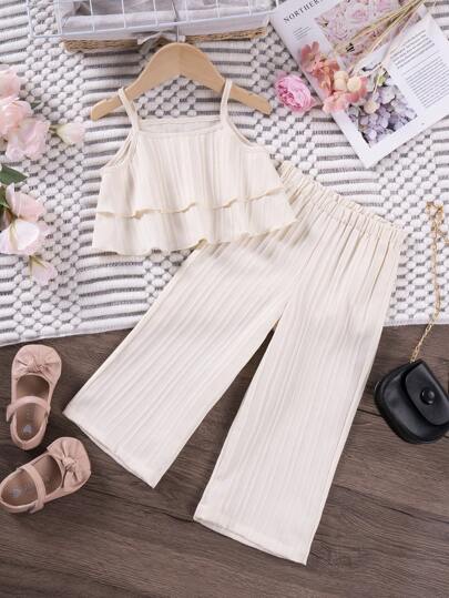 2pcs/Set Girls' Solid Color Camisole Top And Wide Leg Pants, Summer