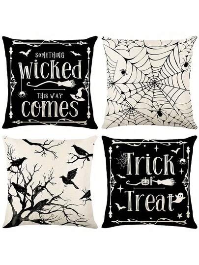 4pcs Halloween Black Crow Throw Pillow Cases, Linen Spider Print Terror Atmosphere Decorative Cushion Cover, Spider Web Pillow Covers,Fall Decor,Autumn Decor,Room Decor